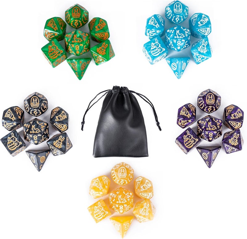 Poludie 5 Sets Dice DND, Polyhedral Dice Set (35pcs) with Leather Dice Bag, D&D Dice Set for RPG Table Games (Rabbit Pattern 5 Sets Dice) - Image 1